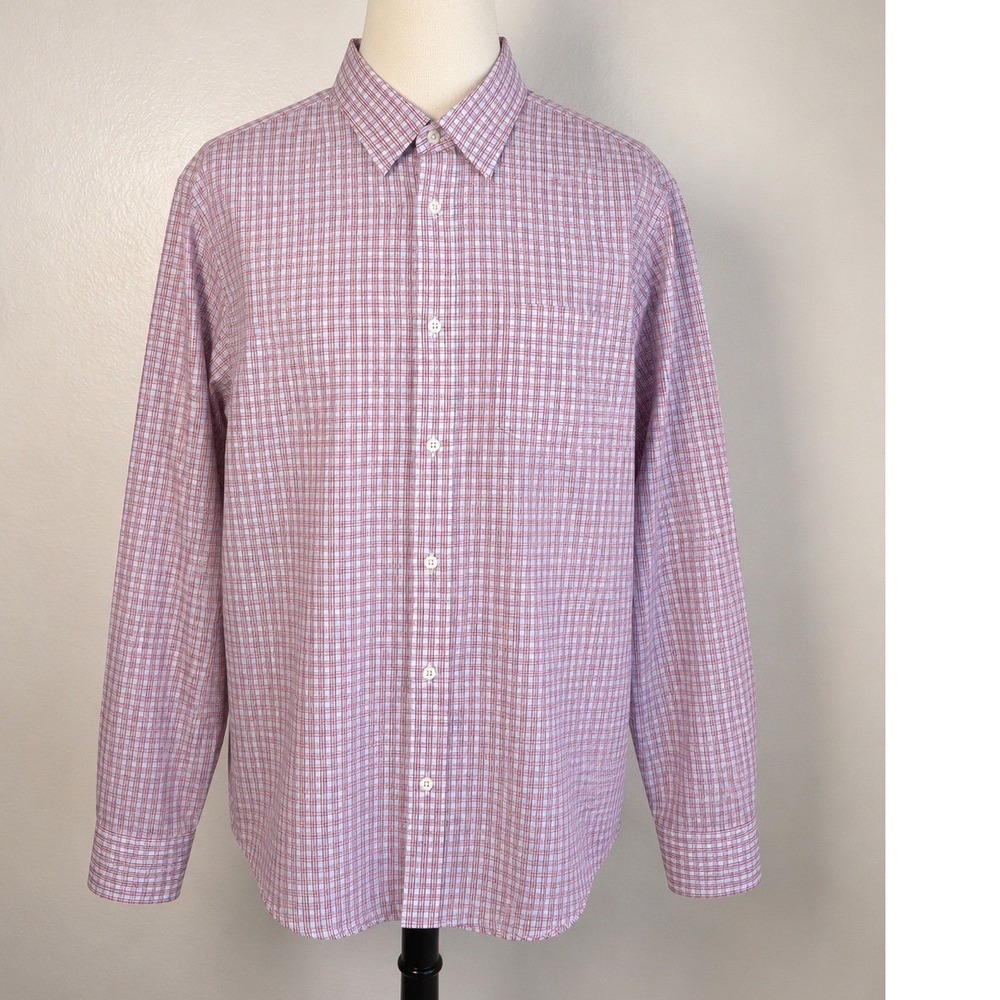 Gap Mens Non-Iron Plaid Button Down Shirt Red‎ White Blue Large Long Sleeve